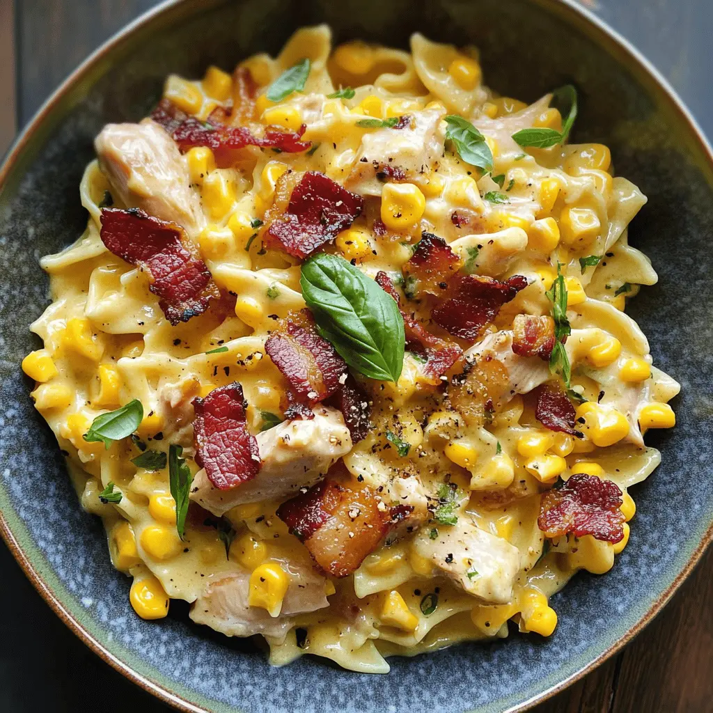 Looking for a comforting meal that everyone will love? This Creamy Chicken and Corn Pasta with Bacon is a crowd-pleaser! With tender chicken, sweet corn, and crispy bacon all tossed in a rich, creamy sauce, it's perfect for weeknight dinners or special occasions. Save this recipe to your board for a deliciously easy dinner idea!