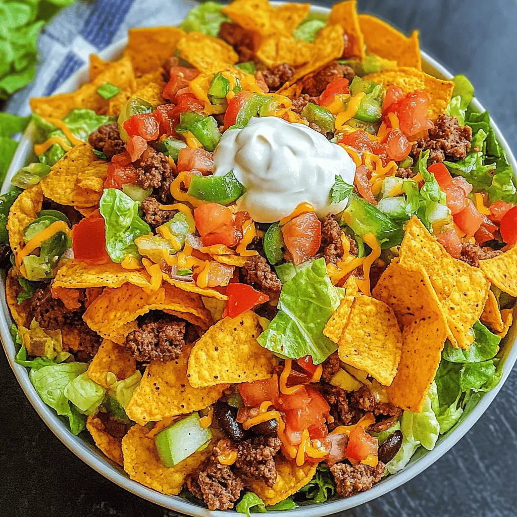 Looking for a fun twist on taco night? This Doritos Taco Salad combines the irresistible crunch of Doritos with fresh veggies and flavorful taco meat! Perfect for parties or a quick weeknight dinner, it's a crowd-pleaser that everyone will love. Save this recipe to make your next gathering a hit!