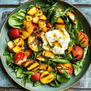 Sweet, juicy grilled peaches paired with creamy burrata make this salad a delightful summertime treat! Fresh arugula and a drizzle of balsamic glaze elevate the flavors, creating a perfect balance of sweet and savory. Save this recipe for your next backyard barbecue or picnic to impress your guests!