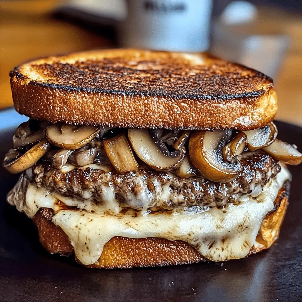 Mouthwatering Mushroom Swiss Patty Melt! This comforting sandwich features juicy beef patties, sautéed mushrooms, and melted Swiss cheese, all grilled to perfection between two slices of buttery bread. Perfect for lunch, dinner, or a cozy night in. Save this recipe for an easy dinner option that's packed with flavor!