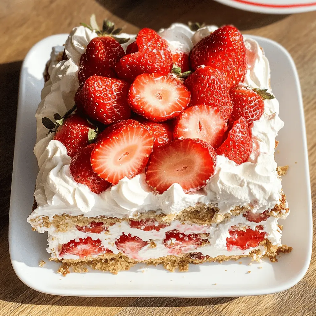 Looking for a delightful dessert that’s a breeze to make? Try this Strawberry Icebox Cake! Featuring layers of fresh strawberries, creamy whipped topping, and graham crackers, this no-bake recipe is perfect for warm days and gatherings. Save this easy recipe for your next family get-together or summer barbecue! Treat everyone to a sweet, refreshing treat they'll love!