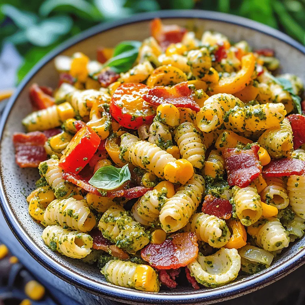 Creamy Pesto Corn Pasta Salad With Bacon & Peppers