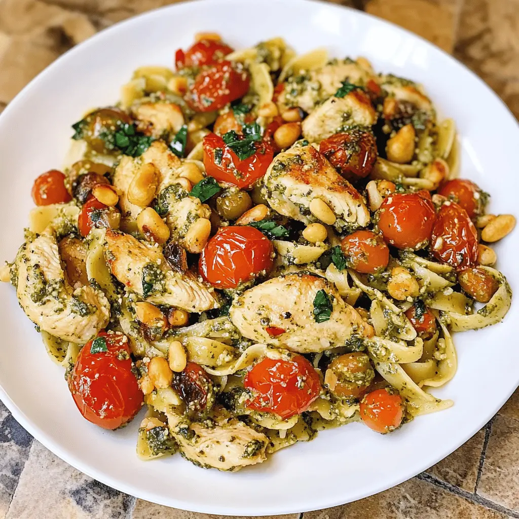 Easy Chicken Pesto Pasta with Tomatoes and Pine Nuts
