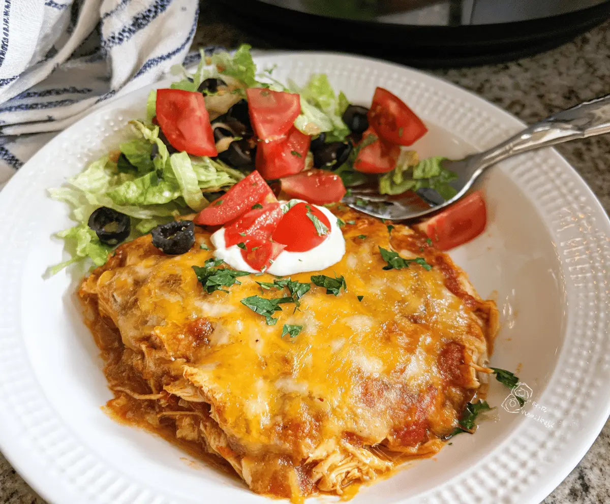 Easy Hearty Crockpot Chicken Enchilada Casserole