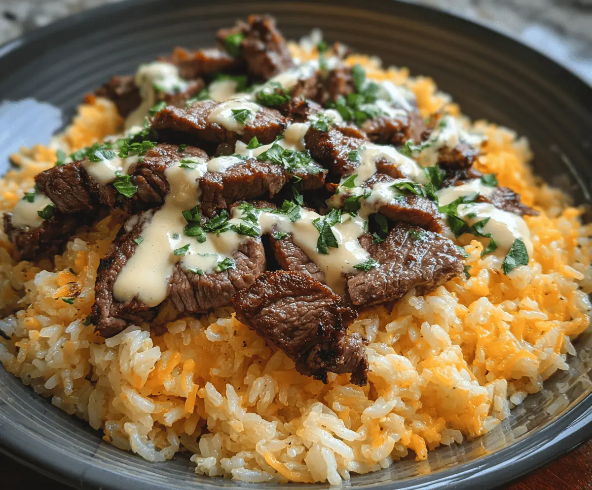 Creamy Queso Rice with Tender Steak Strips