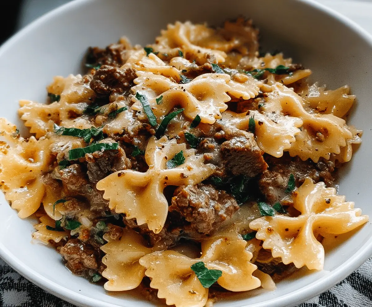Creamy Garlic Parmesan Bowtie Pasta with Beef