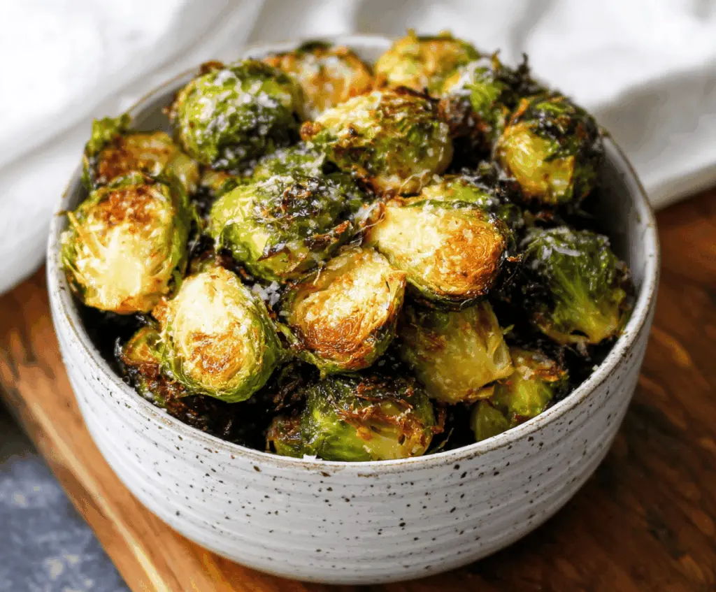 Crispy Air Fryer Brussels Sprouts garnished with lemon wedges and sprinkled with sea salt, ready to serve.