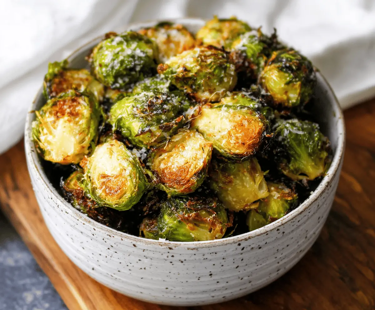 Crispy Air Fryer Brussels Sprouts garnished with lemon wedges and sprinkled with sea salt, ready to serve.