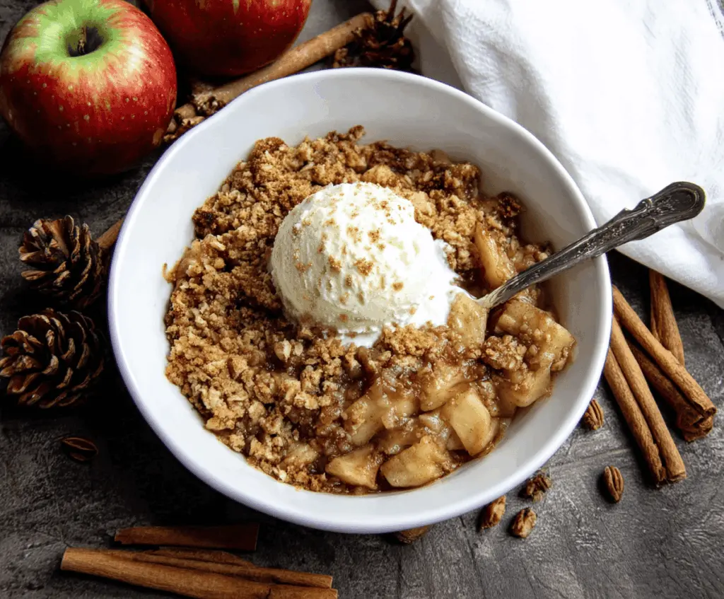 Delicious almond flour apple crisp topped with golden brown crust and fresh apple slices, perfect for a healthy dessert.