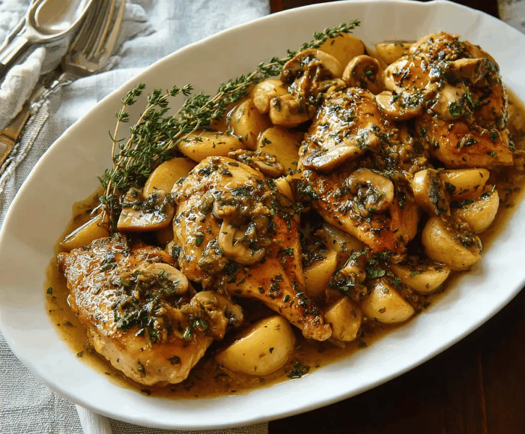 Juicy apple cider chicken served with fresh herbs on a rustic wooden table, perfect for a flavorful fall dinner recipe.