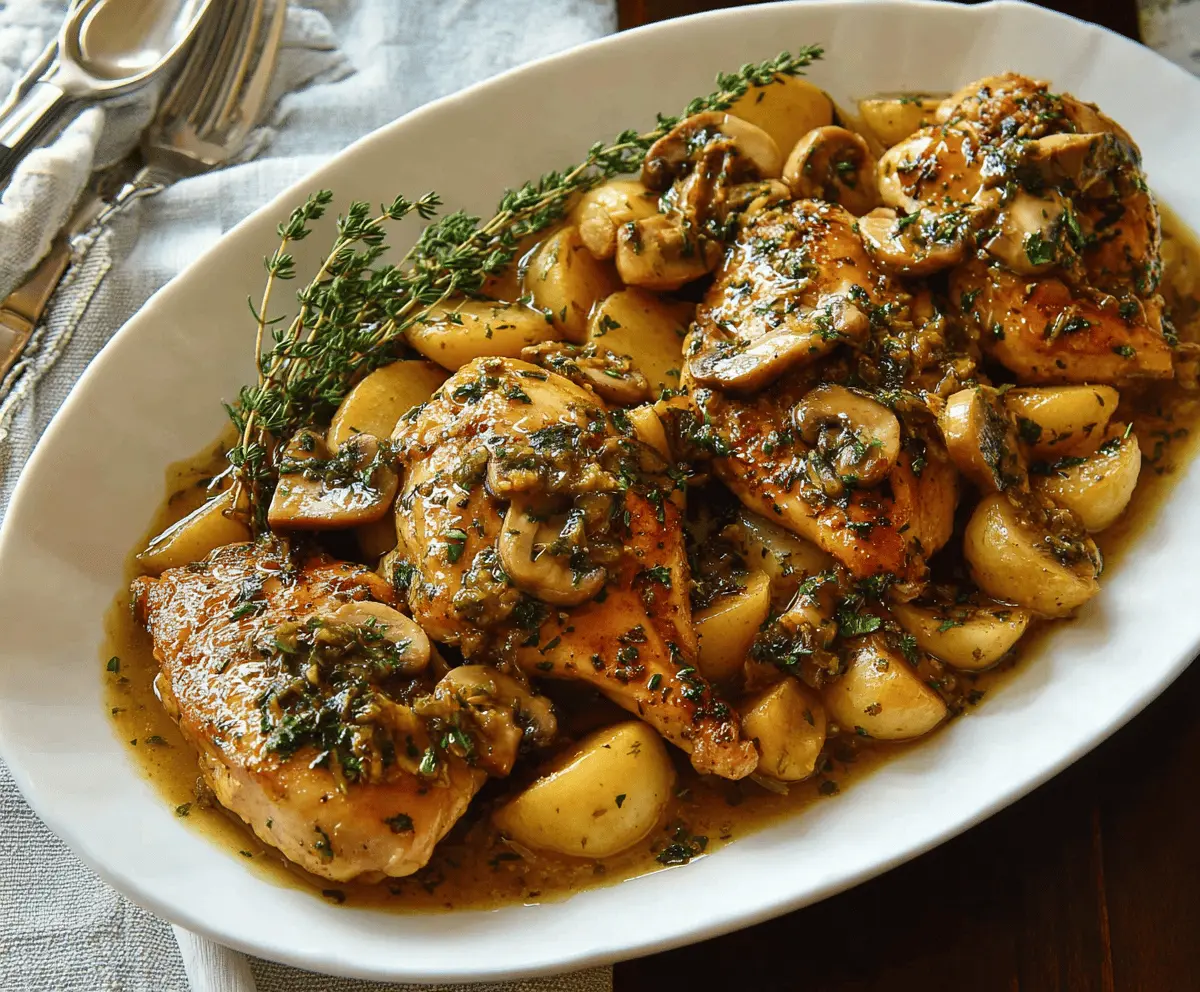 Juicy apple cider chicken served with fresh herbs on a rustic wooden table, perfect for a flavorful fall dinner recipe.