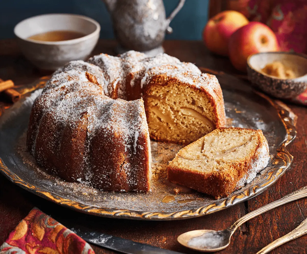 Moist Apple Cider Pound Cake topped with fresh apple slices and a dusting of powdered sugar, perfect for fall desserts.