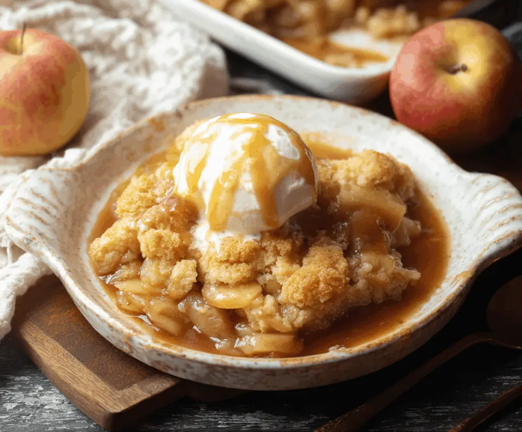 Delicious homemade apple cobbler with golden crust and tender apple filling, served warm with a scoop of vanilla ice cream