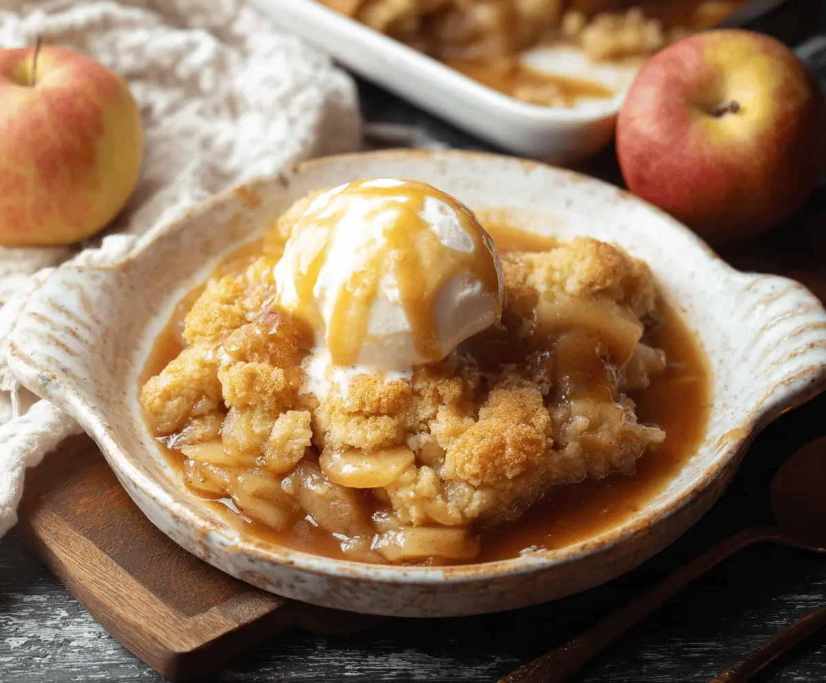 Delicious homemade apple cobbler with golden crust and tender apple filling, served warm with a scoop of vanilla ice cream
