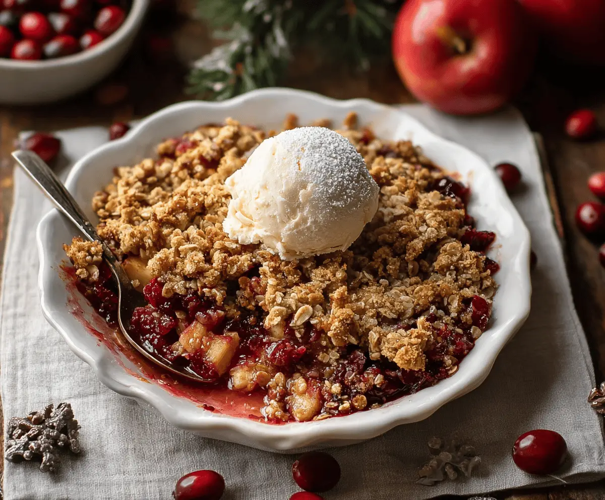 Delicious homemade Apple Cranberry Crisp topped with golden brown streusel, served in a baking dish, perfect for a cozy fall dessert.