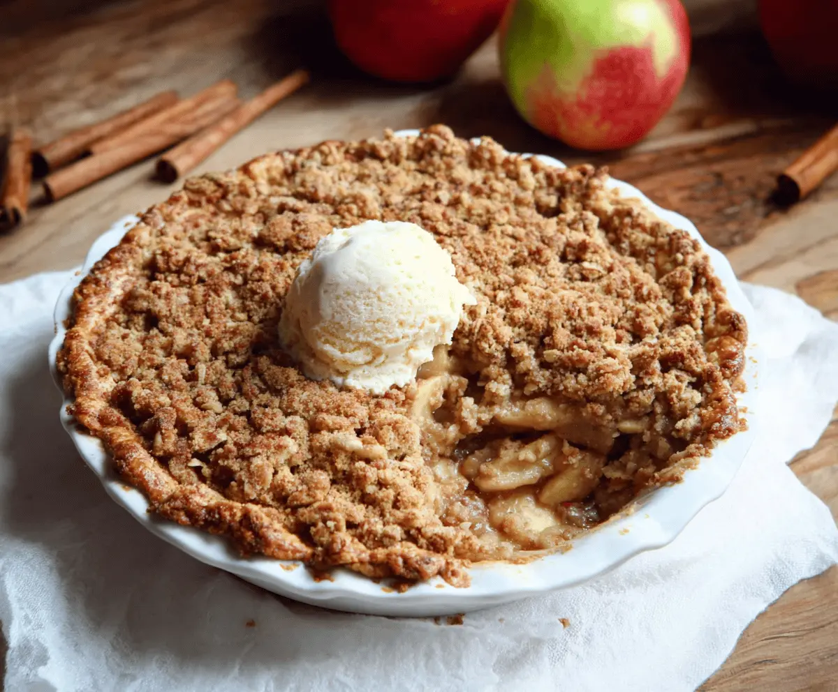 Delicious homemade apple crisp pie topped with golden, flaky crust and caramelized apple filling, perfect for dessert or fall gatherings.