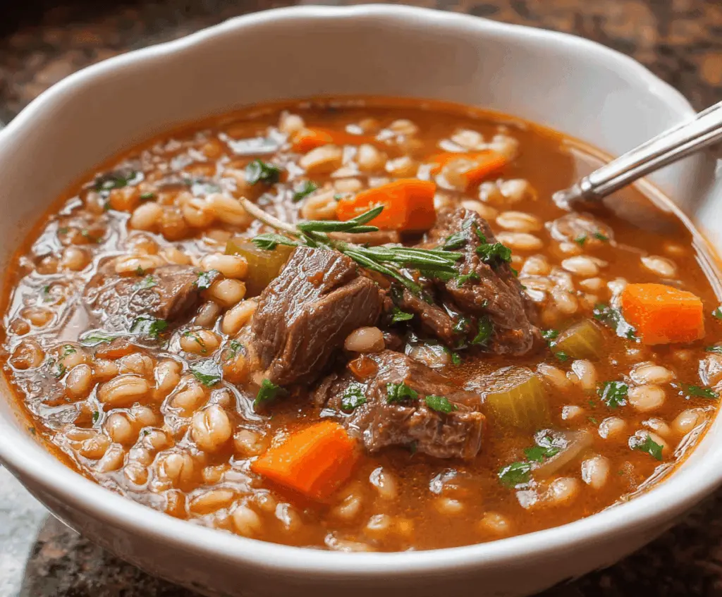 Hearty beef and barley soup with tender beef chunks, vegetables, and fresh herbs in a rustic bowl, perfect for a comforting meal.