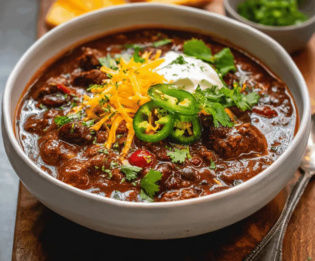 A hearty bowl of beef chili topped with shredded cheese and fresh cilantro, served with a side of cornbread.