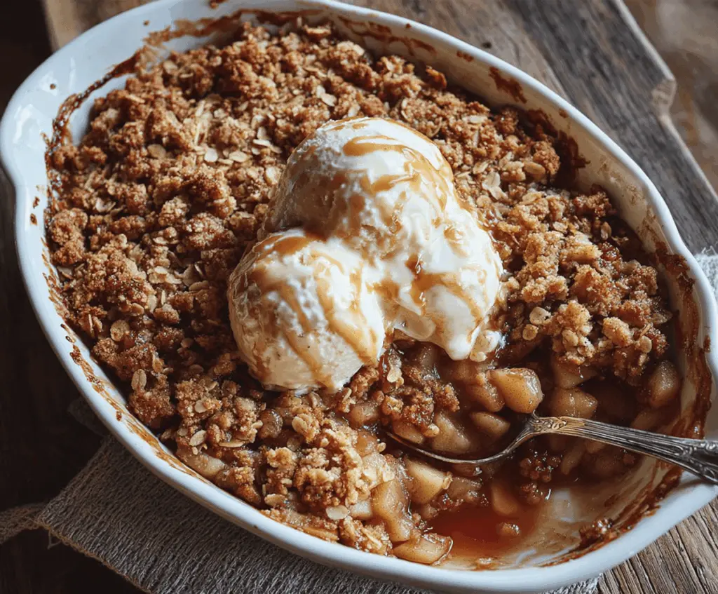Delicious homemade Bourbon Apple Crisp topped with golden brown oats and cinnamon, served in a rustic baking dish with fresh apple slices and a scoop of vanilla ice cream.