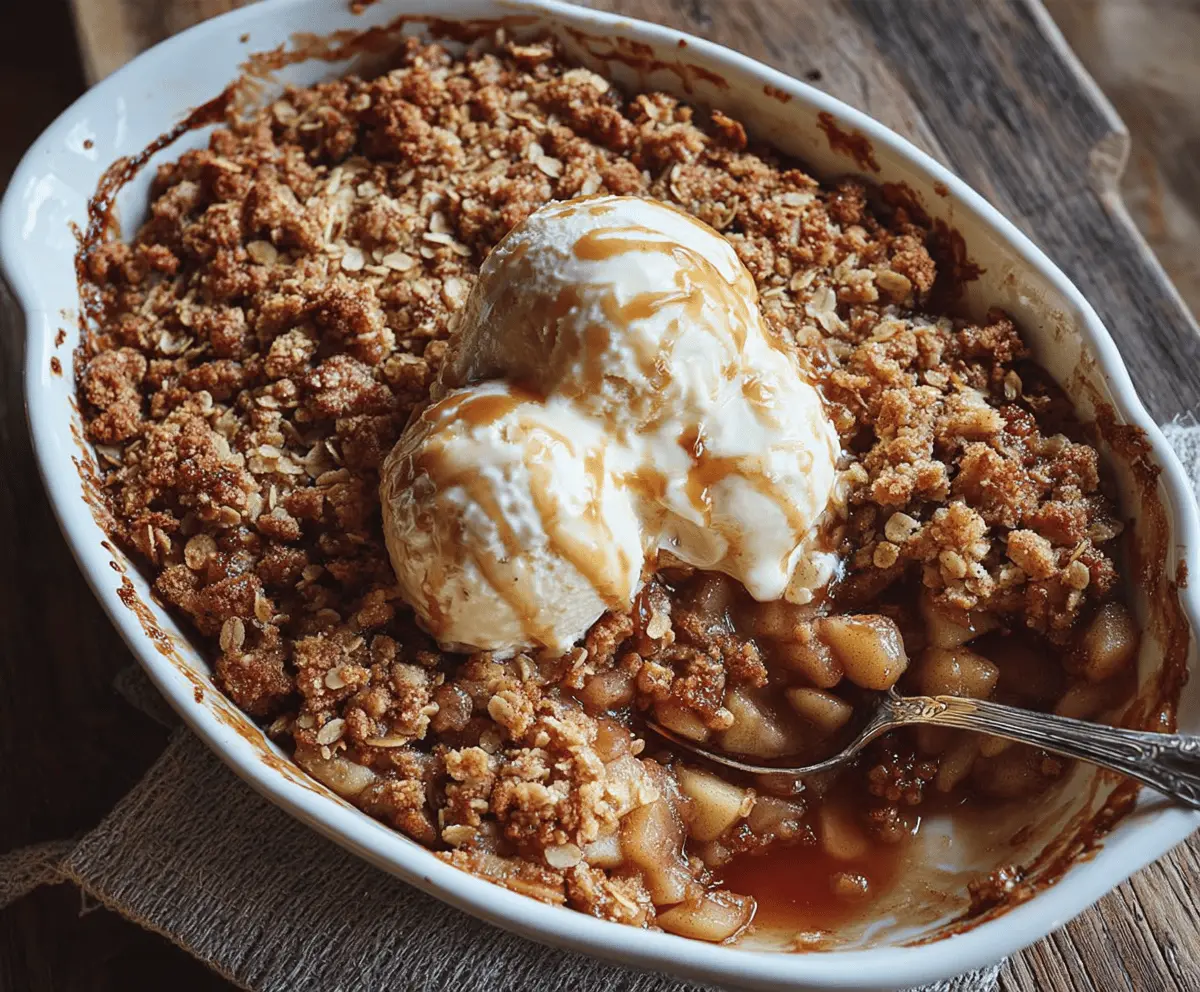 Delicious homemade Bourbon Apple Crisp topped with golden brown oats and cinnamon, served in a rustic baking dish with fresh apple slices and a scoop of vanilla ice cream.