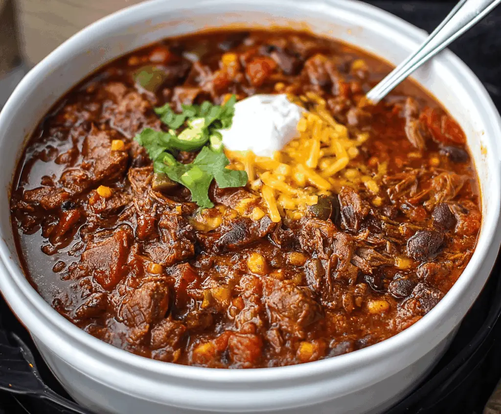A delicious bowl of hearty brisket chili topped with shredded cheese, fresh herbs, and chopped onions, served in a rustic bowl for a comforting meal.