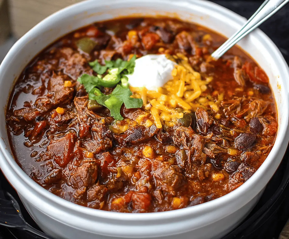 A delicious bowl of hearty brisket chili topped with shredded cheese, fresh herbs, and chopped onions, served in a rustic bowl for a comforting meal.