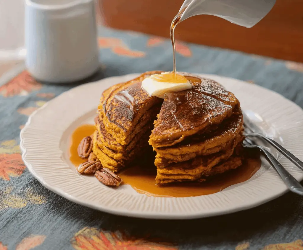 Fluffy buttermilk pumpkin pancakes topped with maple syrup and whipped cream on a plate with autumn leaves in the background