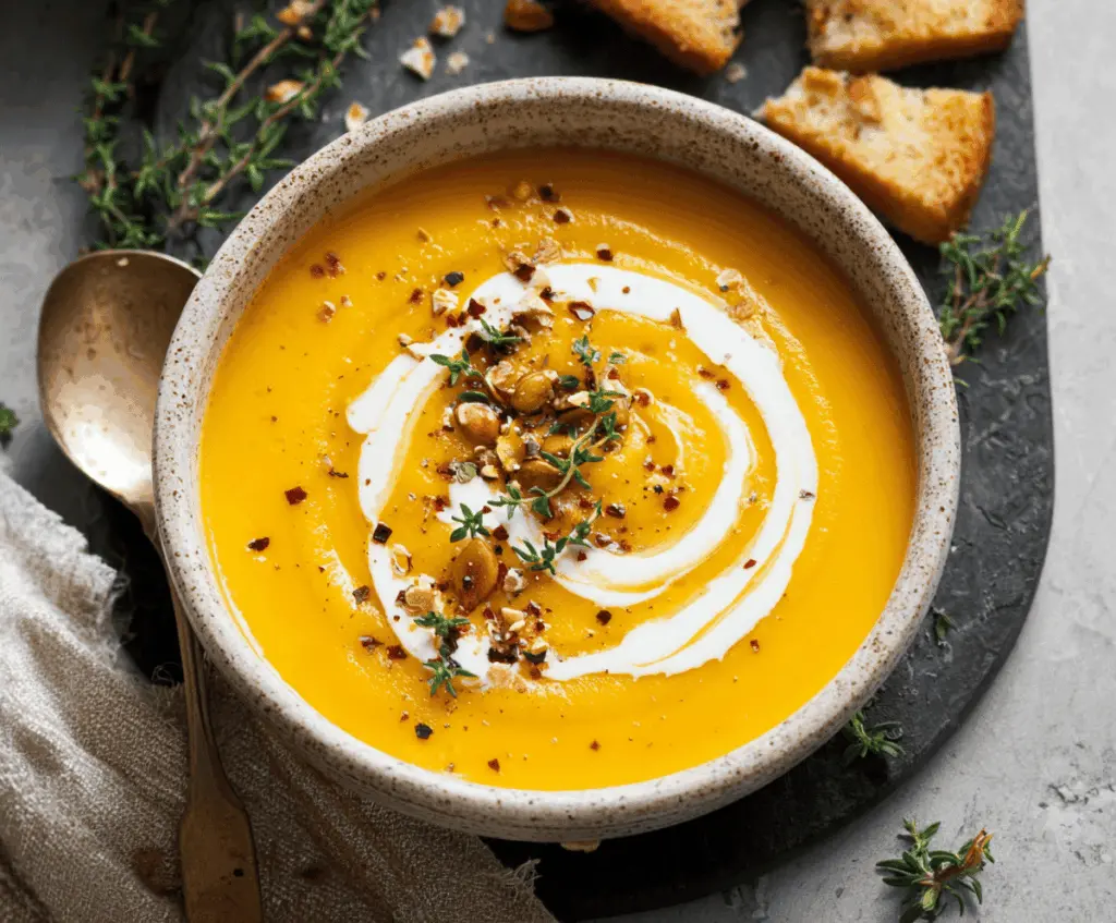 Creamy, velvety butternut squash soup garnished with fresh herbs in a white bowl, perfect for a cozy fall meal.