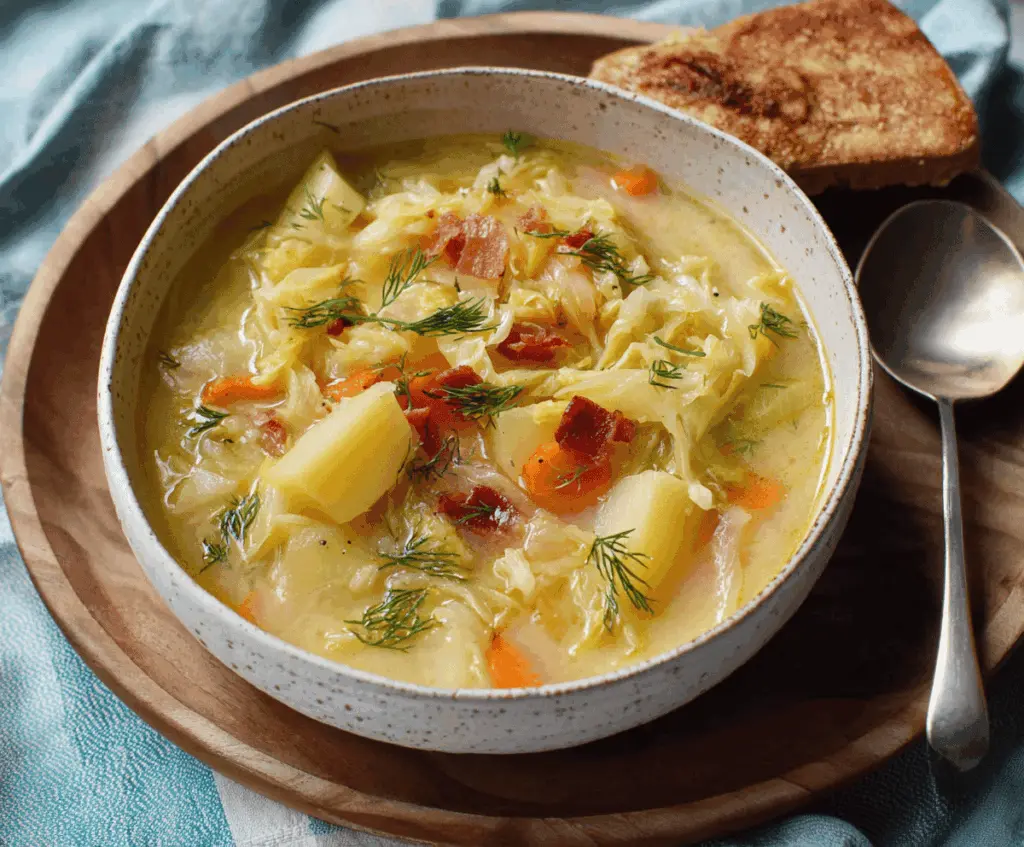 Creamy cabbage and potato soup served in a bowl, garnished with fresh herbs and a slice of bread on the side.