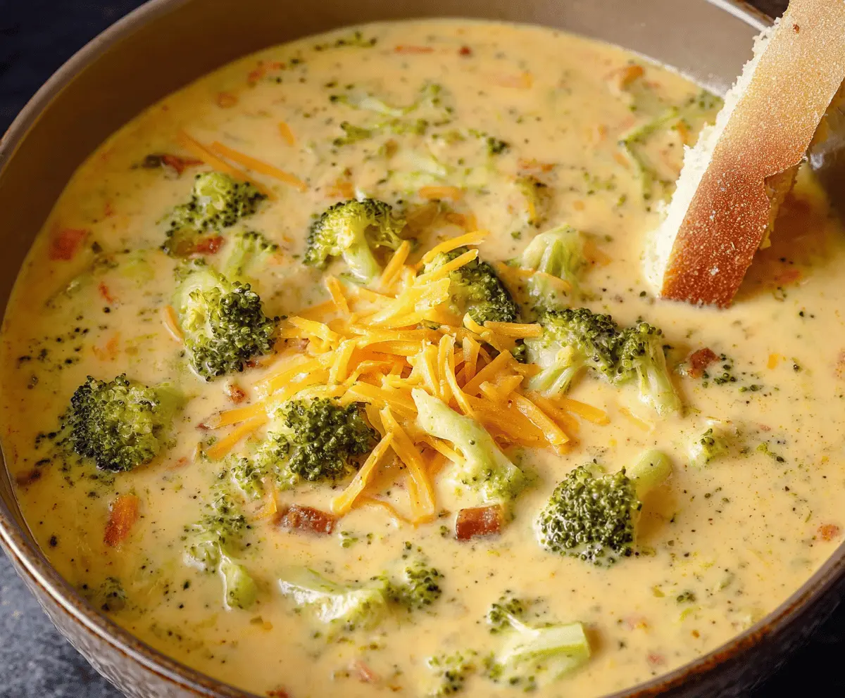 Creamy cheesy broccoli and cheddar soup in a bowl with melted cheese and fresh broccoli florets, perfect for a comforting meal.