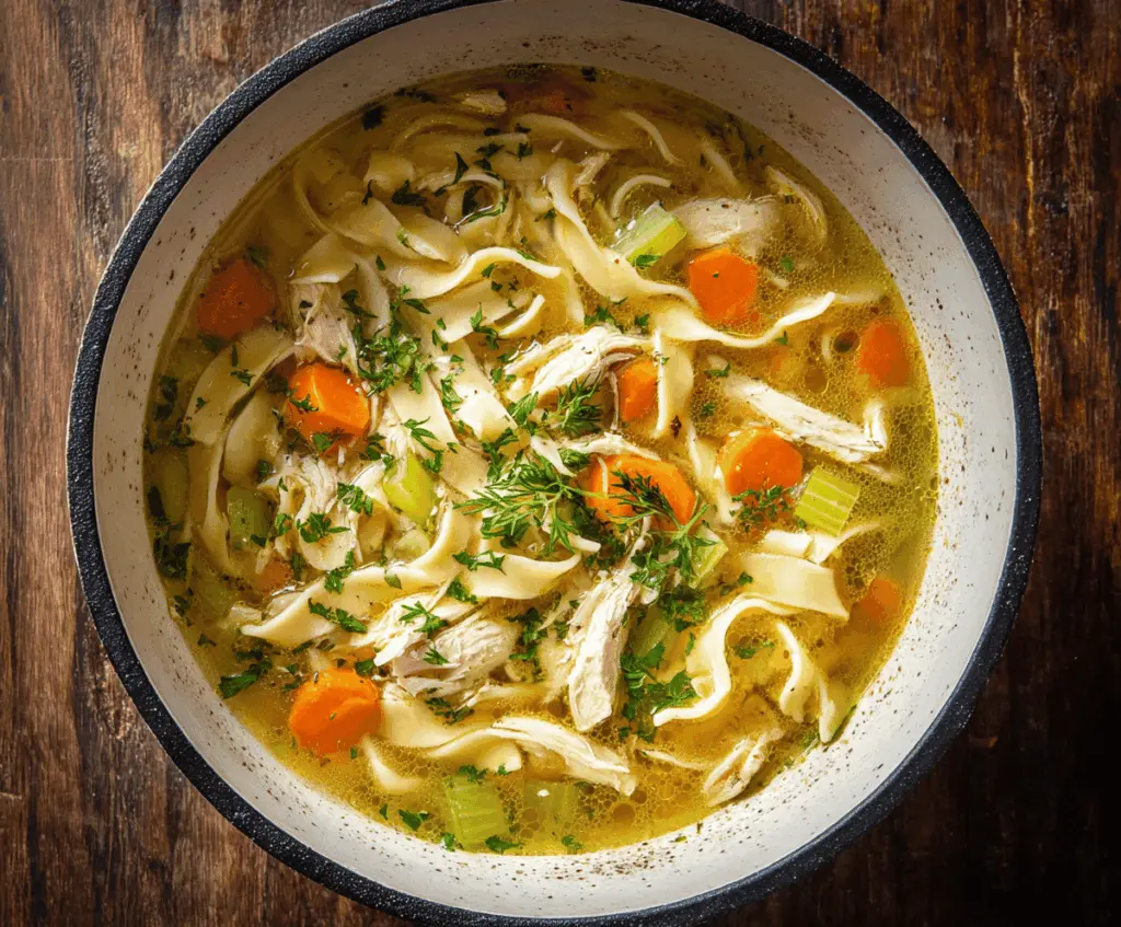 A steaming bowl of homemade chicken noodle soup with tender chicken, hearty noodles, vegetables, and fresh herbs garnished for a comforting meal.