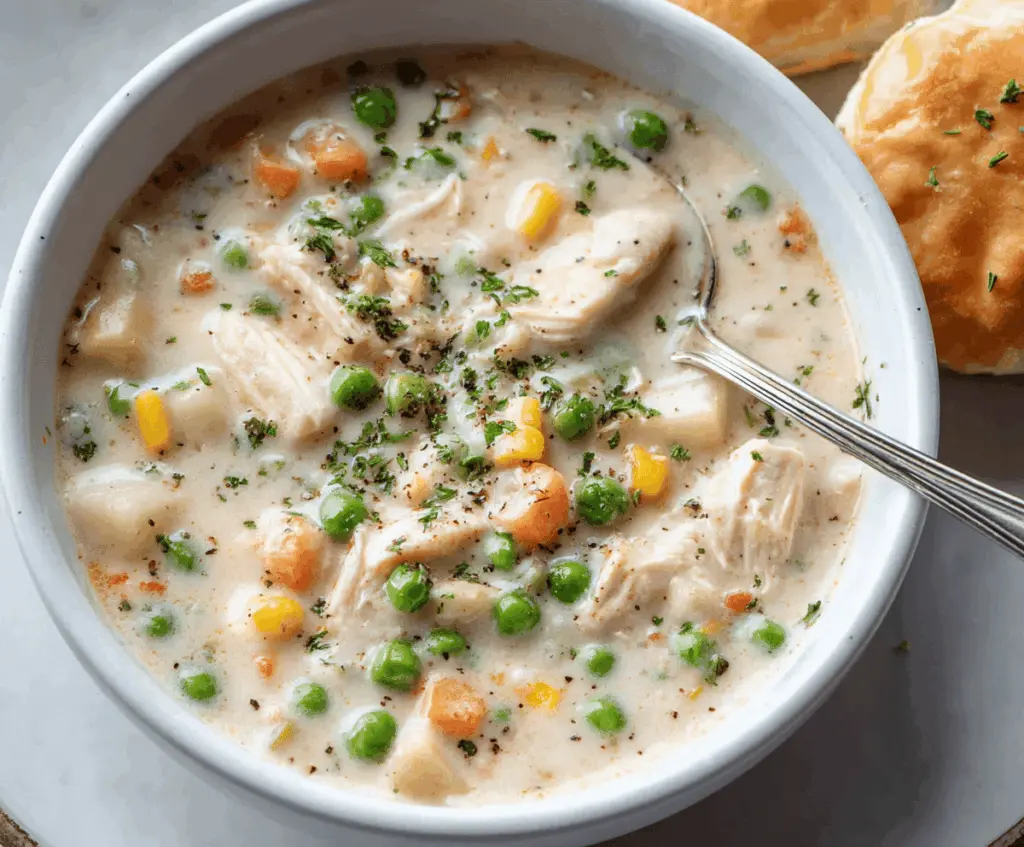 Creamy chicken pot pie soup topped with flaky golden crust and fresh herbs in a bowl