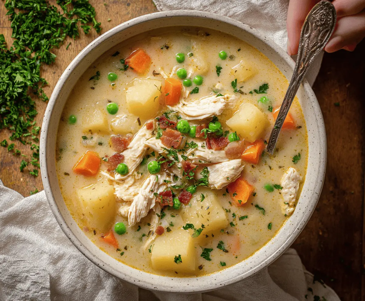 Creamy chicken potato soup in a bowl garnished with fresh herbs, served with bread on a rustic wooden table.