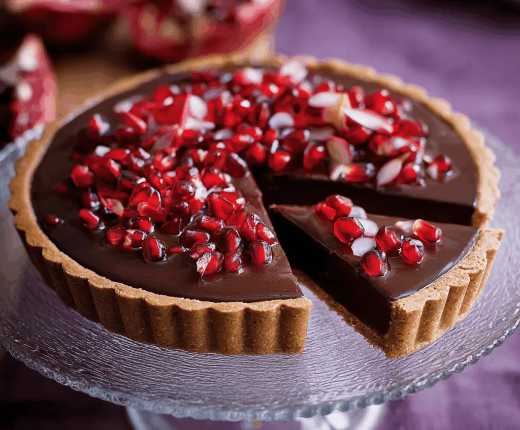 Delicious Chocolate Pomegranate Tart garnished with fresh pomegranate seeds and chocolate shavings, served on a rustic wooden table.