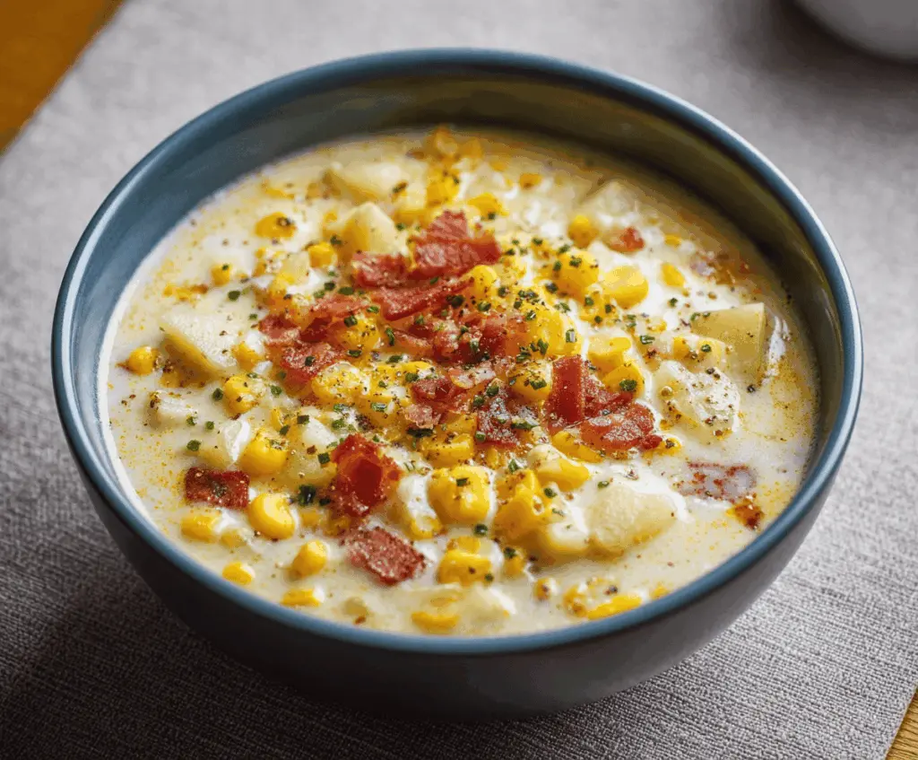 Creamy corn chowder in a bowl garnished with fresh herbs and a side of crusty bread, perfect for a comforting meal.