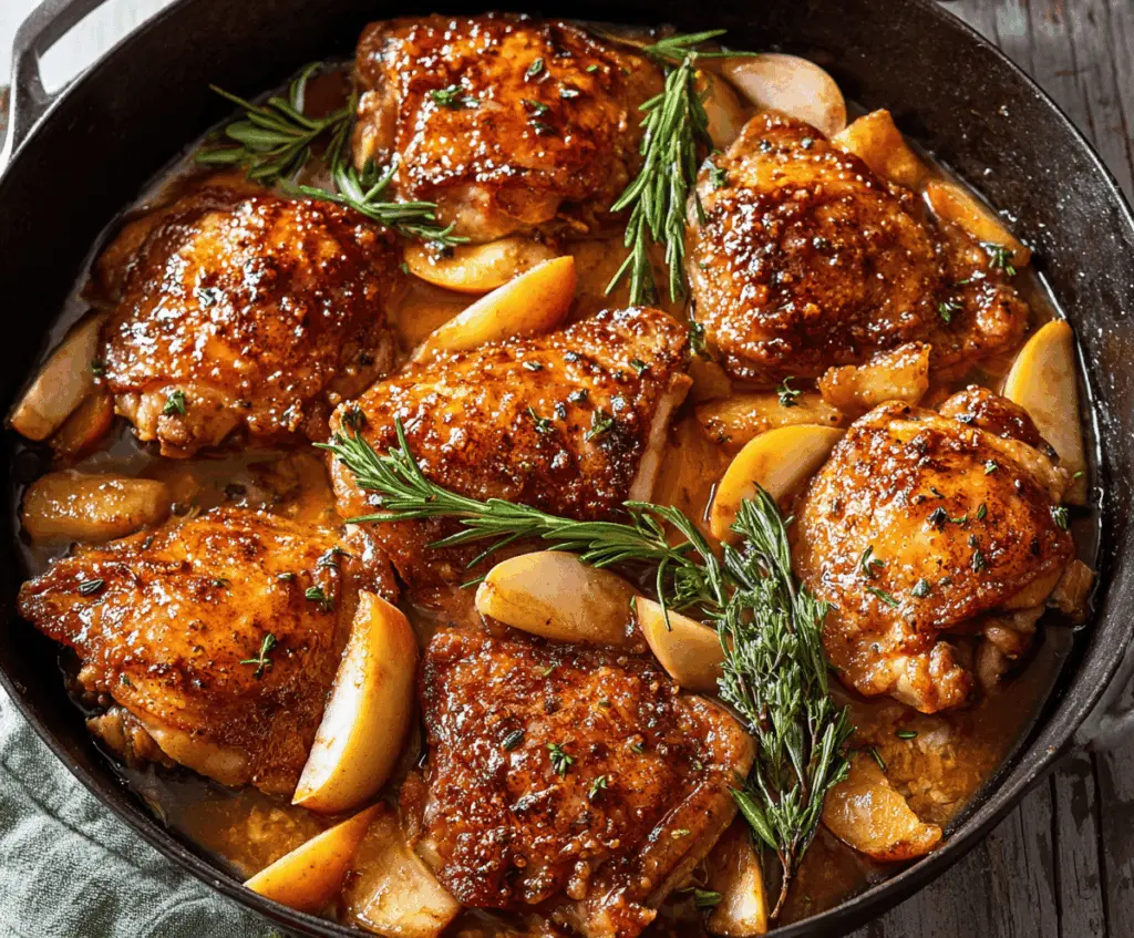 Juicy chicken breast glazed with warm apple cider sauce, garnished with fresh herbs, served with seasonal vegetables for a cozy Apple Cider Glazed Chicken recipe.