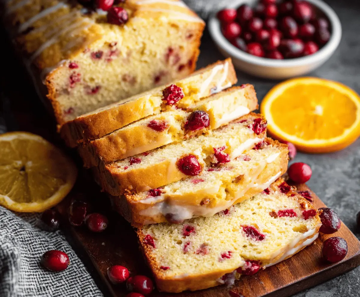 Homemade cranberry orange bread sliced, featuring vibrant cranberries and orange zest in a golden-brown loaf for a flavorful holiday treat.