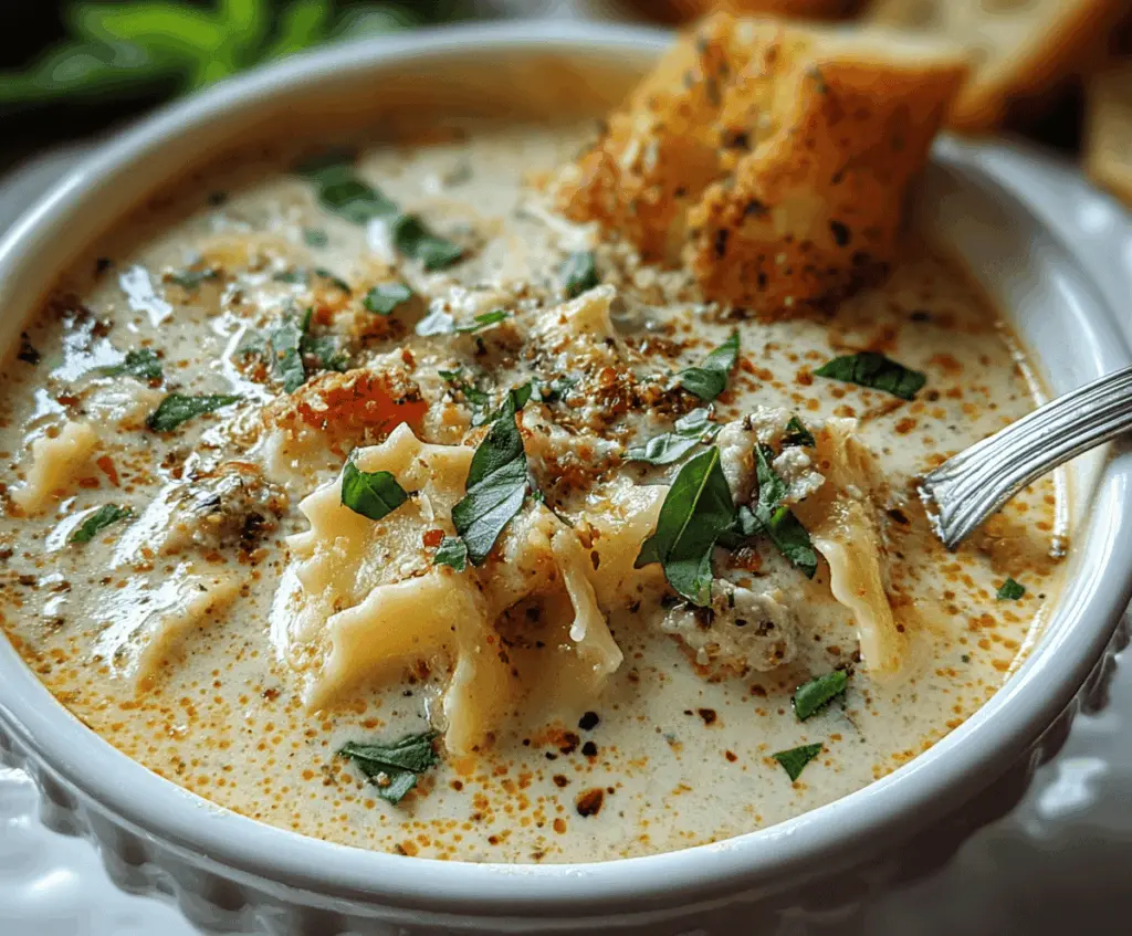 Creamy Alfredo Lasagna Soup in a bowl with melted cheese, lasagna noodles, and fresh herbs garnished on top
