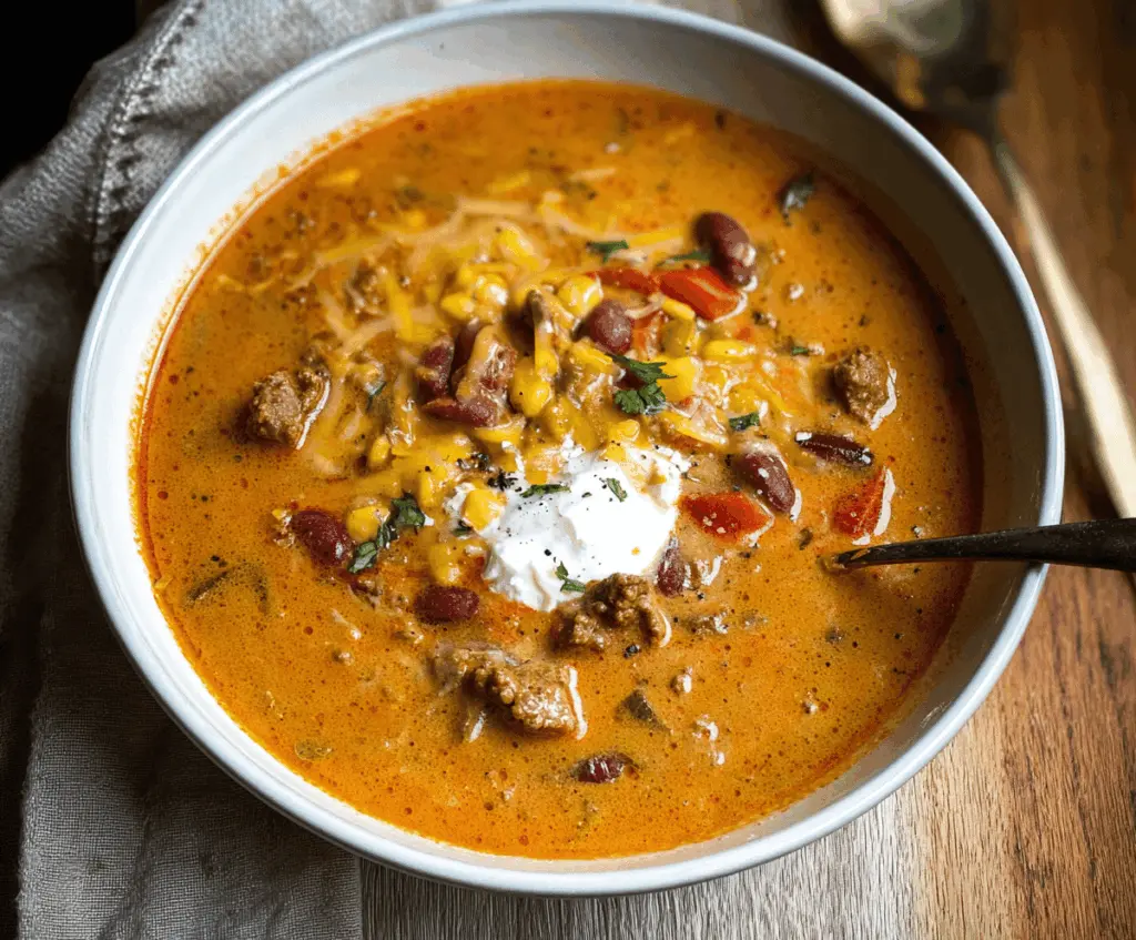 A bowl of creamy beef taco soup topped with shredded cheese, fresh cilantro, and diced tomatoes, served with tortilla chips on the side.