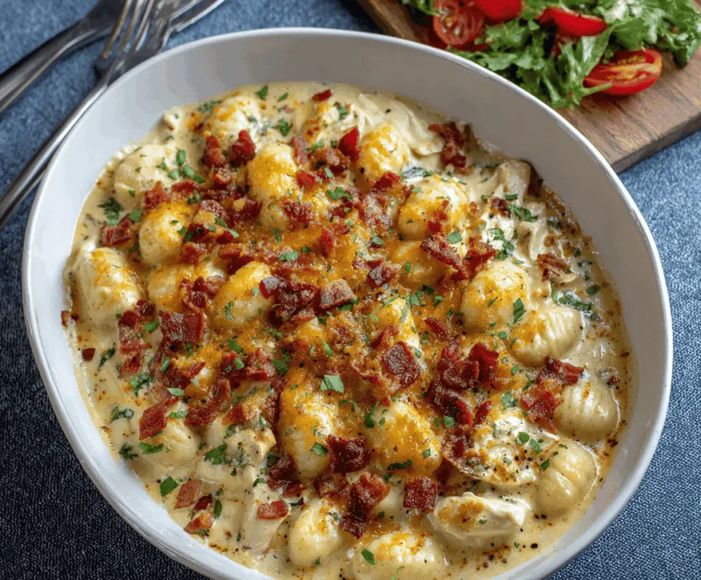 Creamy Crack Chicken Gnocchi served in a white bowl with melted cheese and herbs, showcasing a delicious and hearty pasta dish with tender gnocchi and savory crack chicken sauce
