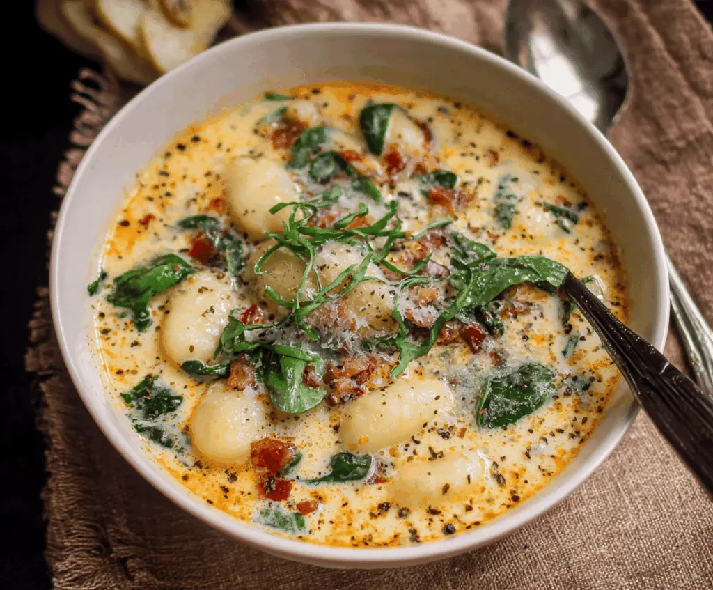 Creamy Gnocchi Soup served in a bowl with fresh herbs and a spoon, showcasing a rich and comforting Italian-inspired dish