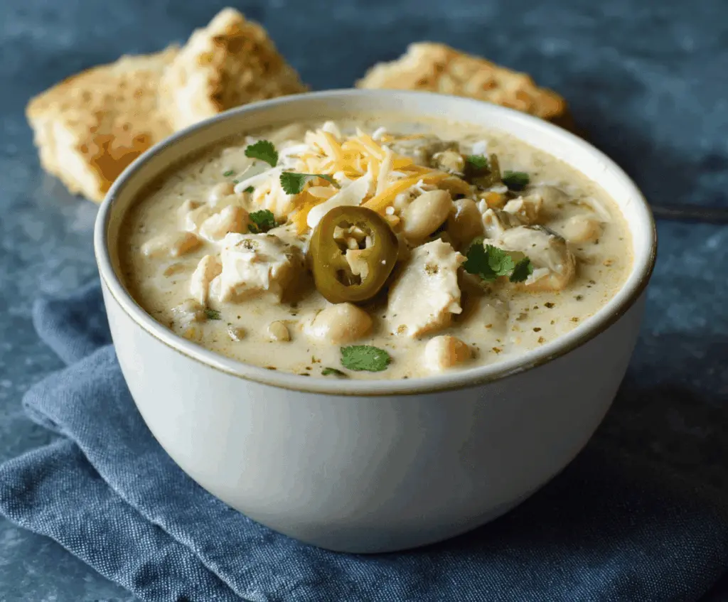 Creamy white chicken chili topped with shredded cheese and fresh cilantro in a bowl, served with tortilla chips on the side.