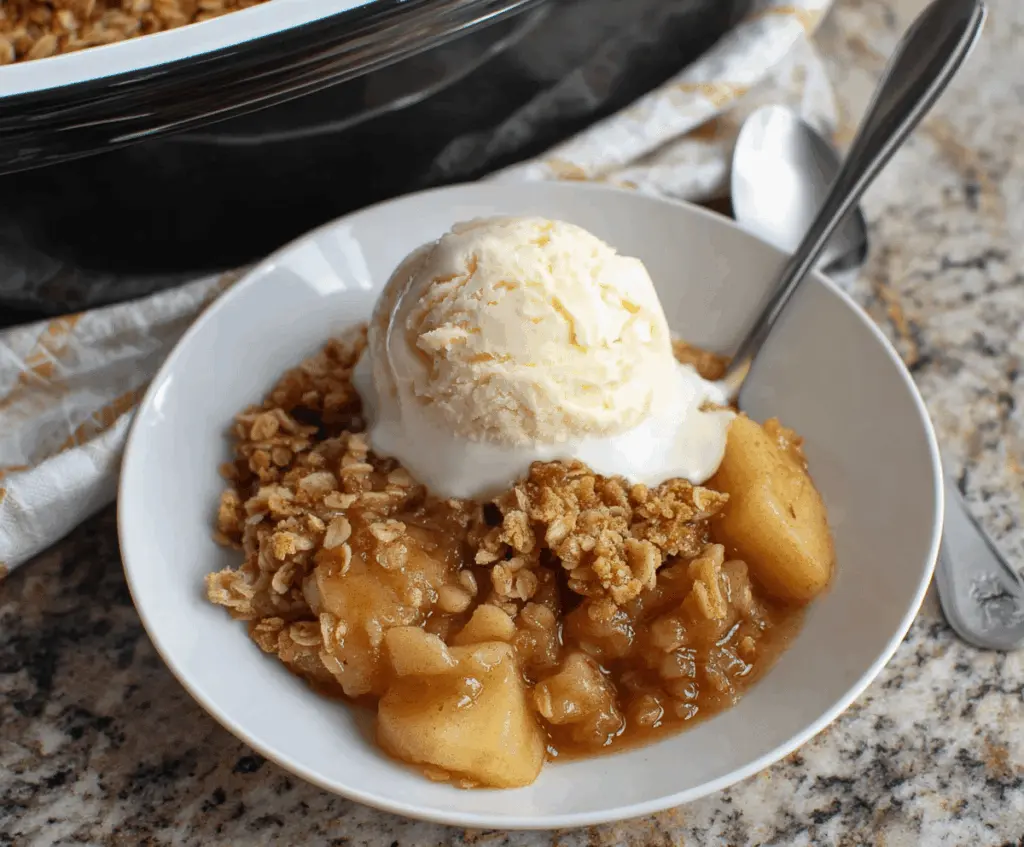 Delicious homemade crockpot apple crisp topped with golden brown oats and cinnamon, ready to serve as a comforting fall dessert.