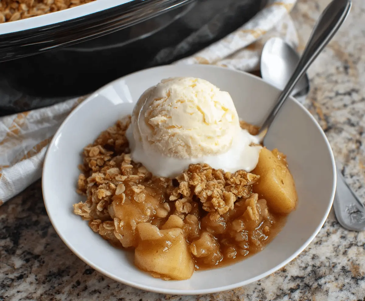 Delicious homemade crockpot apple crisp topped with golden brown oats and cinnamon, ready to serve as a comforting fall dessert.