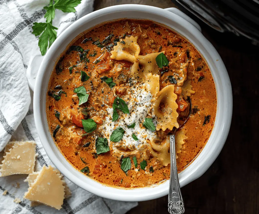 Creamy and flavorful Crockpot Cheesy Lasagna Soup in a bowl topped with melted cheese and fresh herbs