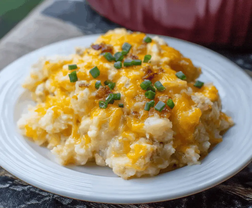 Creamy and cheesy Crockpot Potato Casserole with golden melted cheese and crispy topping, perfect for comforting family dinner