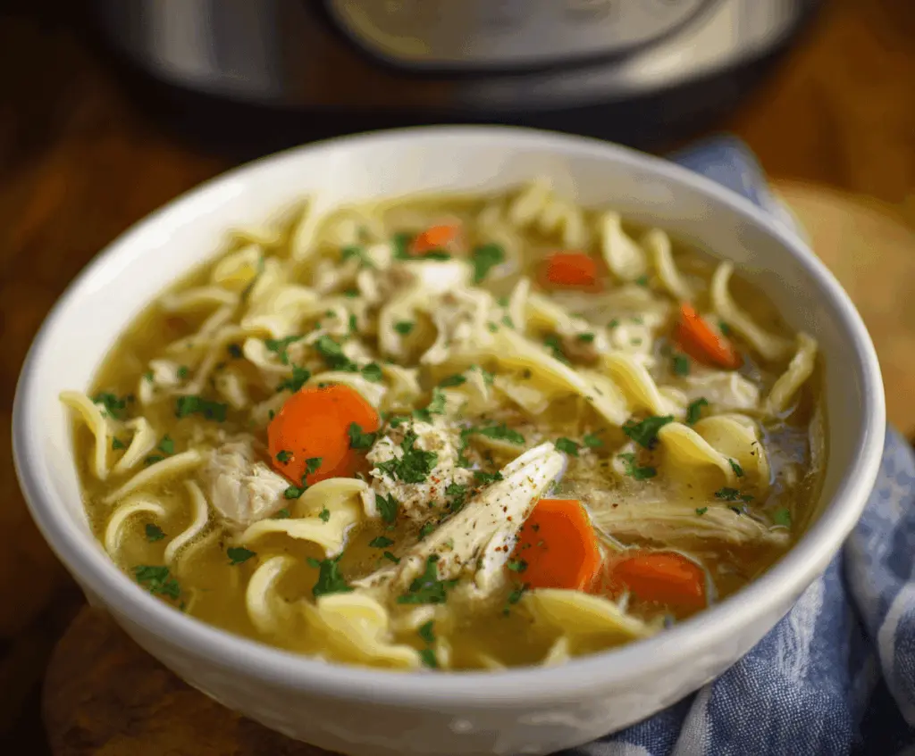 A warm, comforting bowl of crockpot chicken noodle soup with tender chicken, colorful vegetables, and hearty noodles, perfect for a cozy meal.