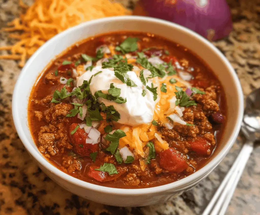 Hearty crockpot chili with beans, beef, and spices in a slow cooker ready to serve