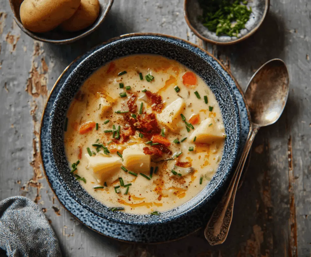 Creamy dairy-free potato soup topped with fresh herbs in a rustic bowl, perfect for a comforting vegan meal.