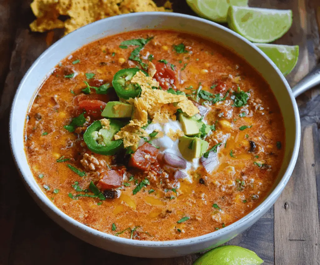 A delicious bowl of dairy-free taco soup topped with fresh herbs and vegetables, perfect for a hearty and allergy-friendly meal.